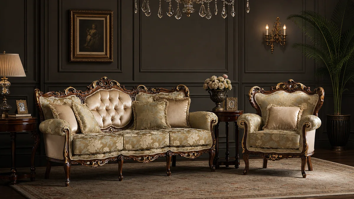 Cleopatra bespoke Italian sofa and armchair in baroque style