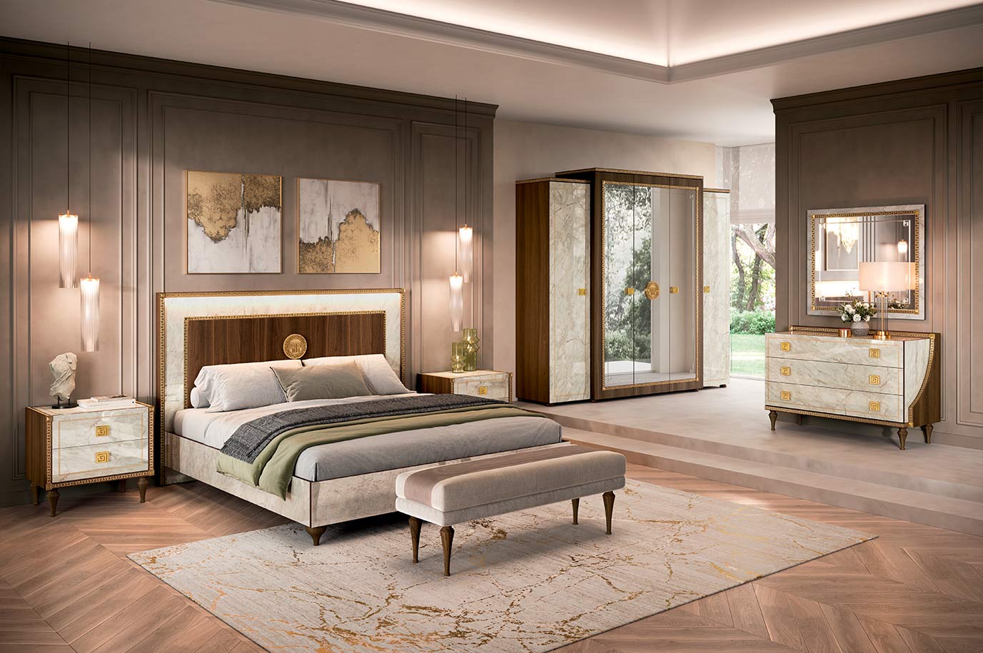 Romantica bedroom by Arredoclassic — classic Italian bedroom with walnut wood frame and Carrara marble surfaces