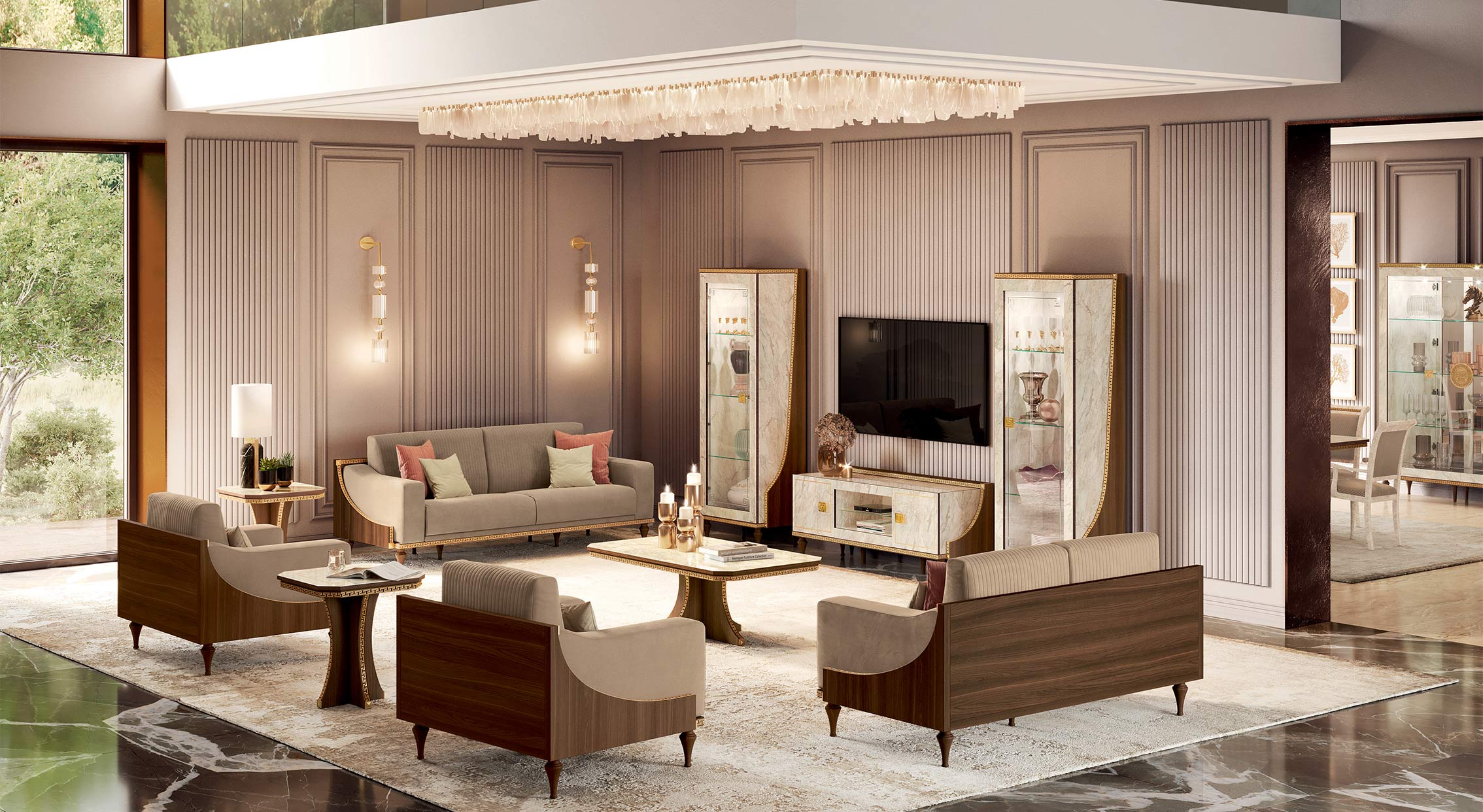 Arredoclassic Romantica sofa with TV wall unit in a composed classic living room