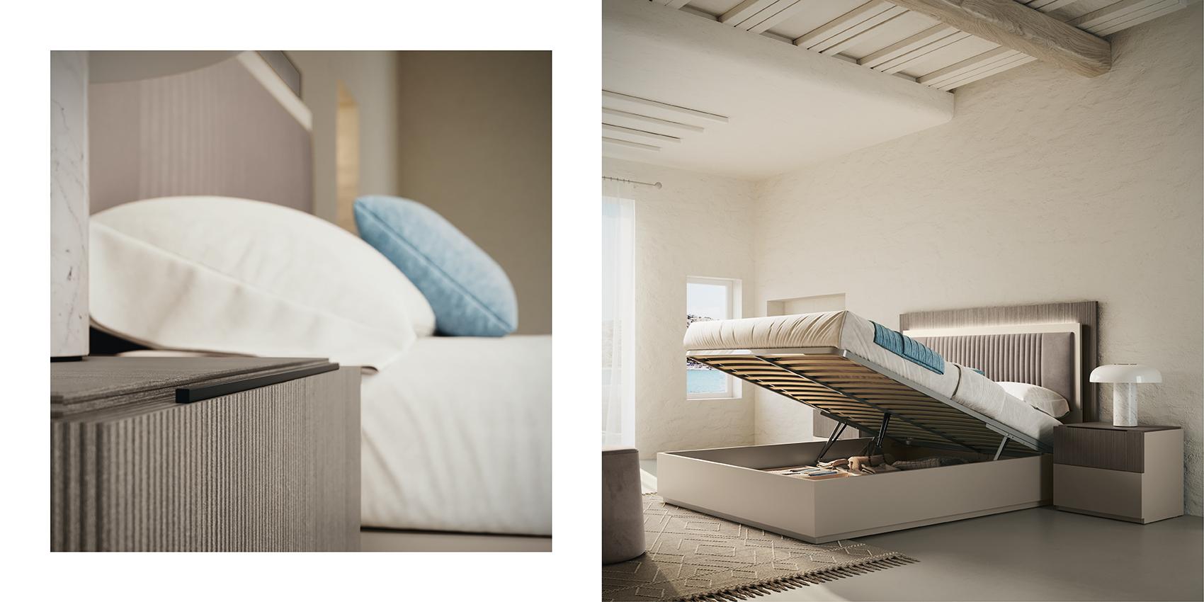 Essenza II Italian Bedroom Bedside Detail and Hydraulic Storage