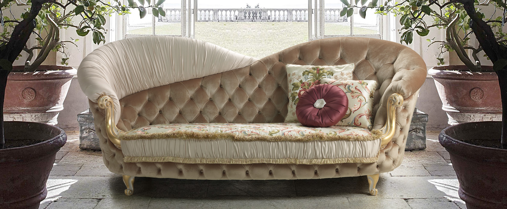 Grace Italian sofa by Camelgroup — classical tufted sofa in a room setting, illustrating fabric upholstery options