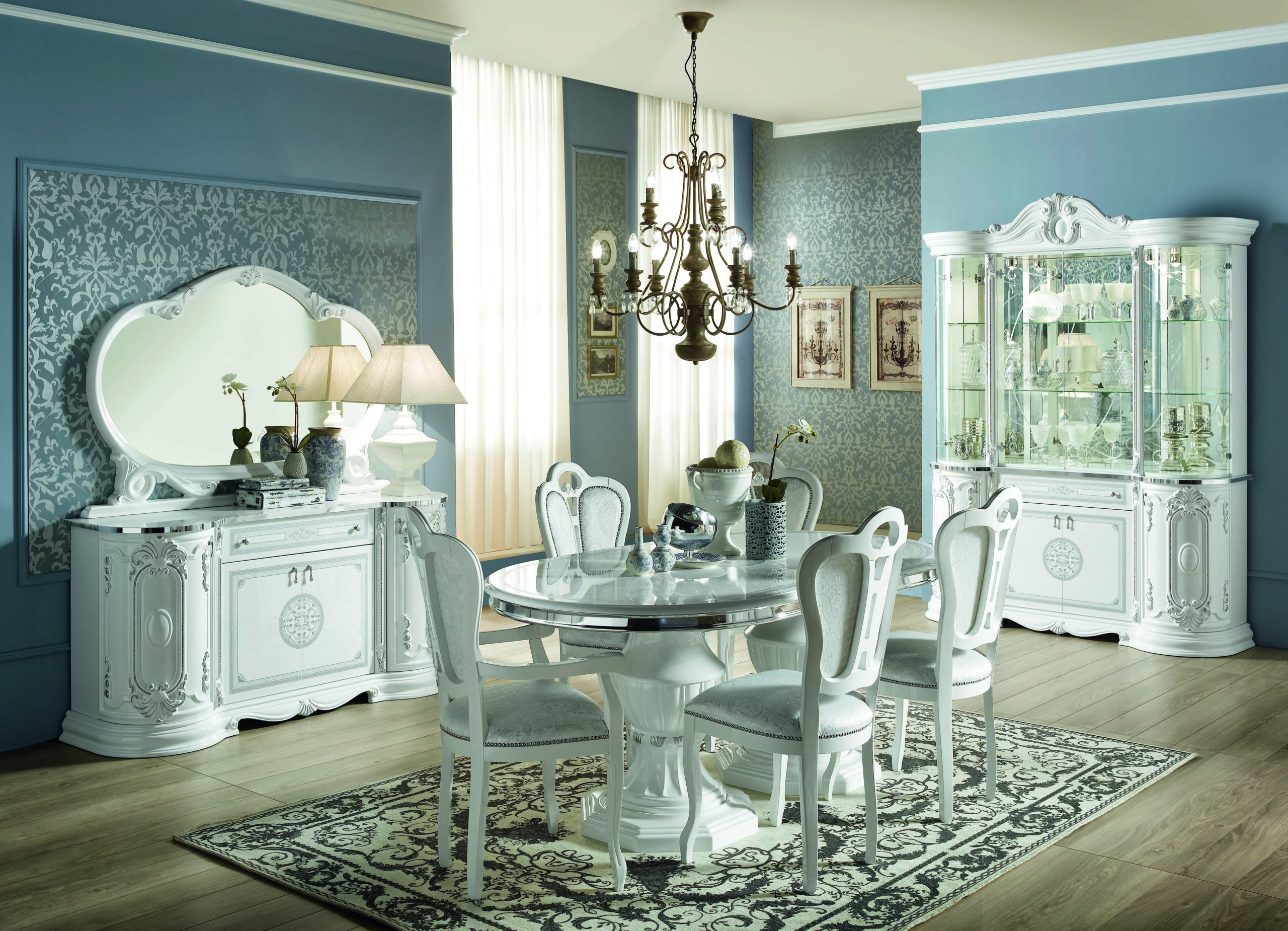 Greta dining room by New Trend Concepts - white and silver dining table with chairs, buffet and mirror glass cabinet