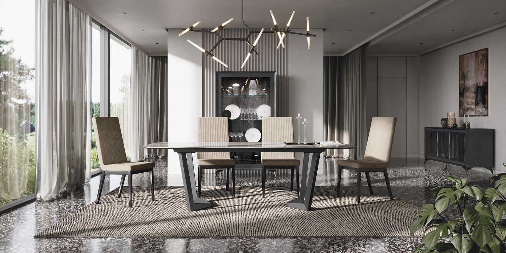 Krystal Dining Table Upholstered Chairs Glass Display Room View