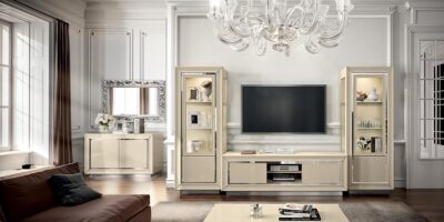 La Star Dama Bianca Ivory Lacquer Living Room Wall Unit Sideboard Mirror Room View