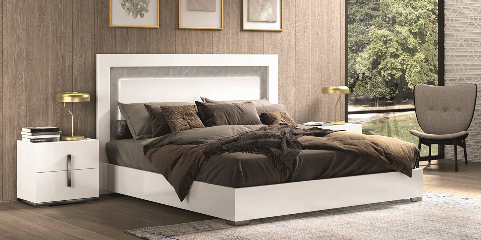 Mara bed with upholstered headboard and bedside tables