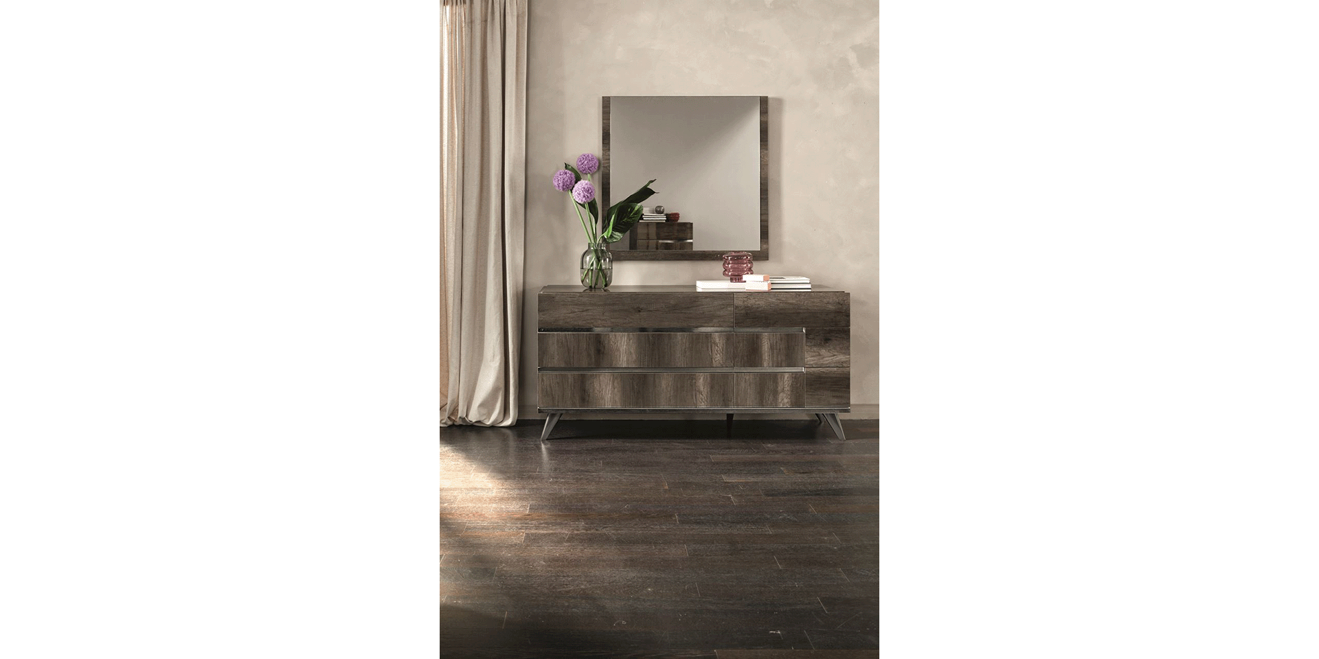 Medea bed with upholstered headboard and bedside tables