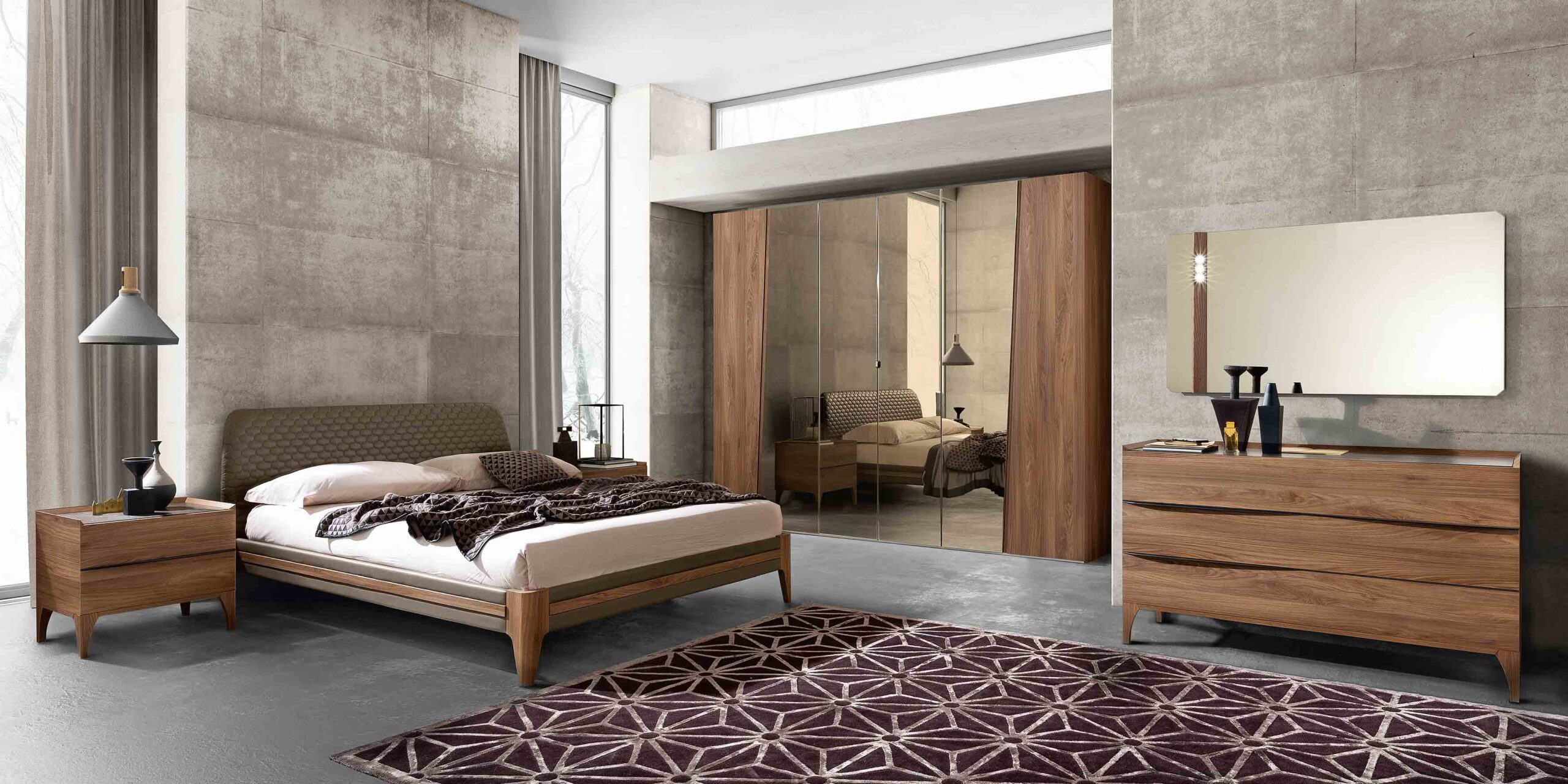 Modum Akademy bedroom with an elm-finish padded headboard — an Italian bed shown at room scale with coordinated bedside pieces
