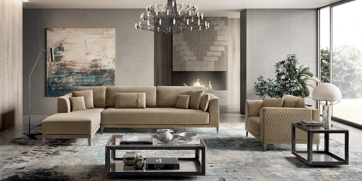 Mood Italian Corner Sofa Armchair Beige Velvet Fireplace Room View