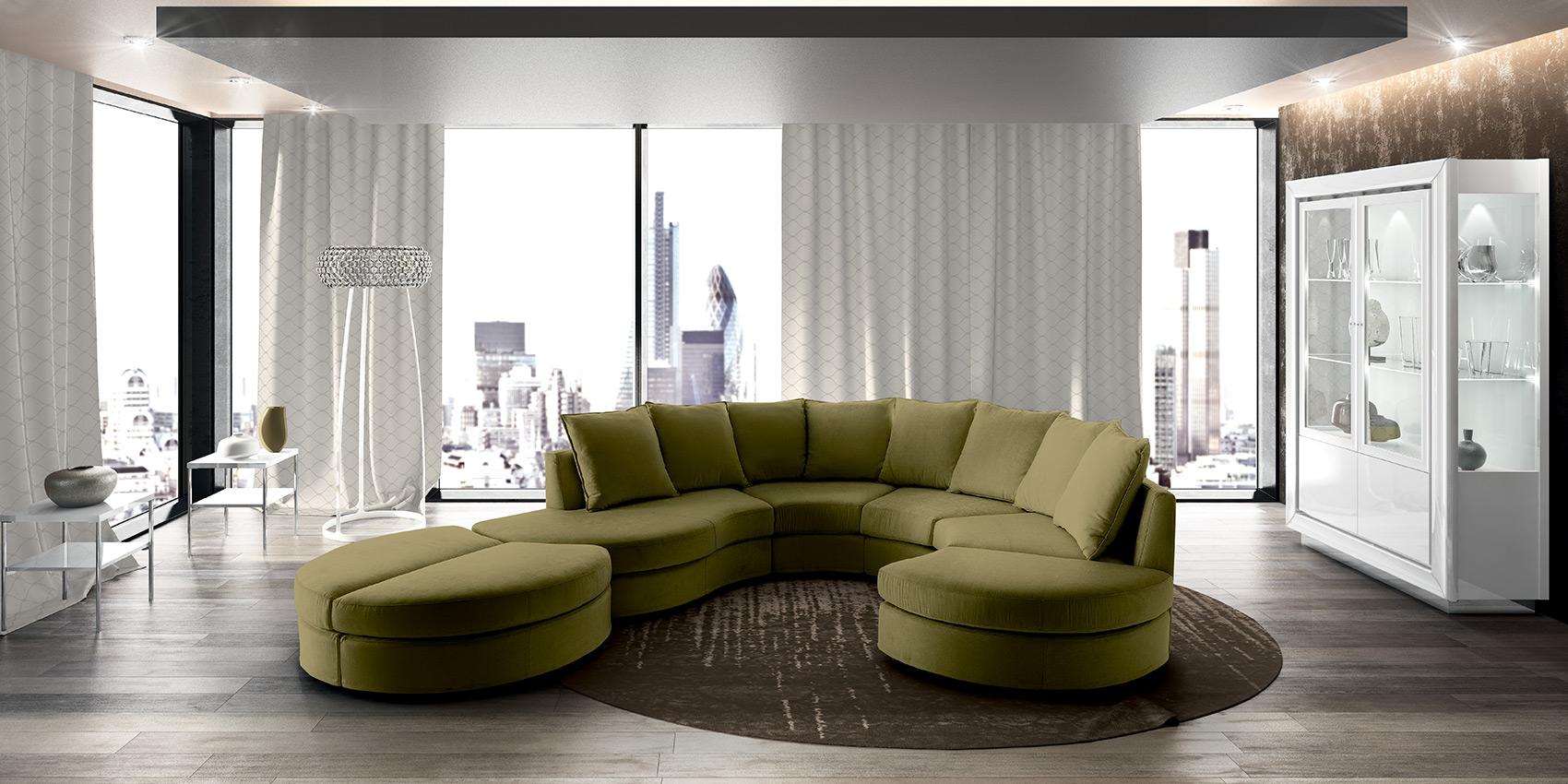 New York Italian Sofa Circular Corner Sofa Olive Green With Round Ottomans Room View