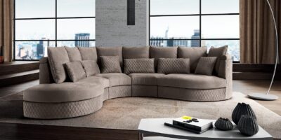 New York Italian Sofa Curved Corner Sofa Taupe Quilted Base City View Wide