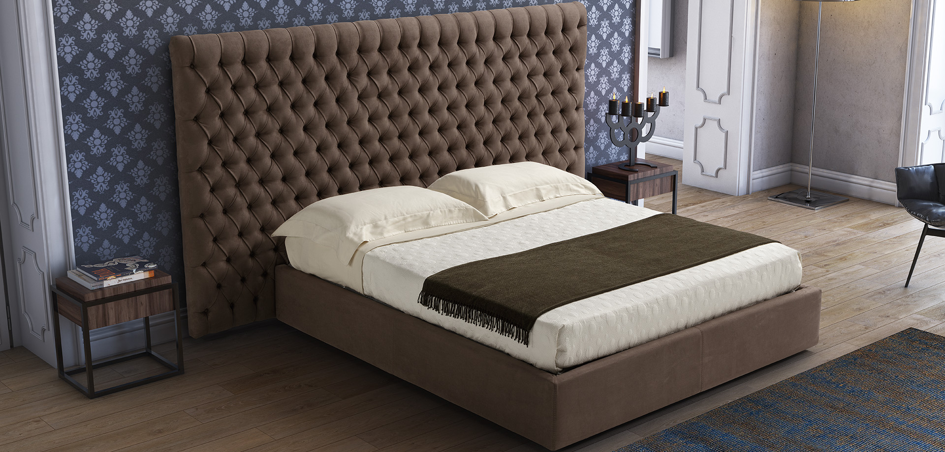 Empire Italian bed by New Trend Concepts — upholstered bed shown at room scale with a tailored headboard in a coordinated bedroom