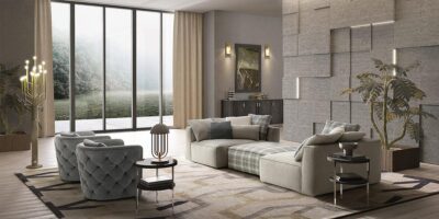 Piuma Italian Corner Sofa Collection With Armchairs Wide Room View