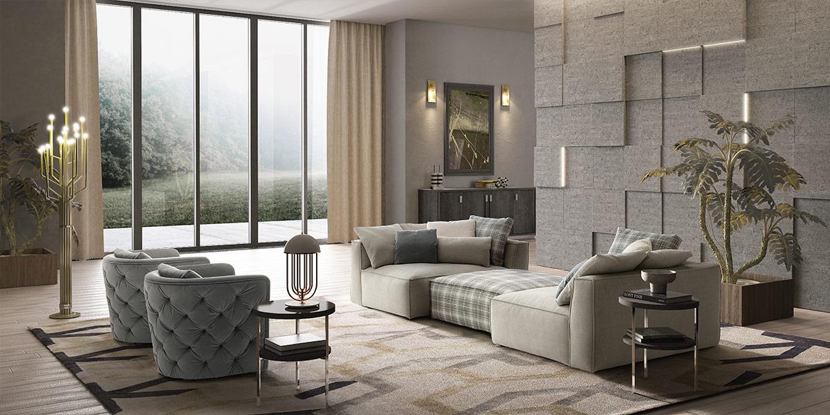 Piuma Italian Corner Sofa Collection With Armchairs Wide Room View