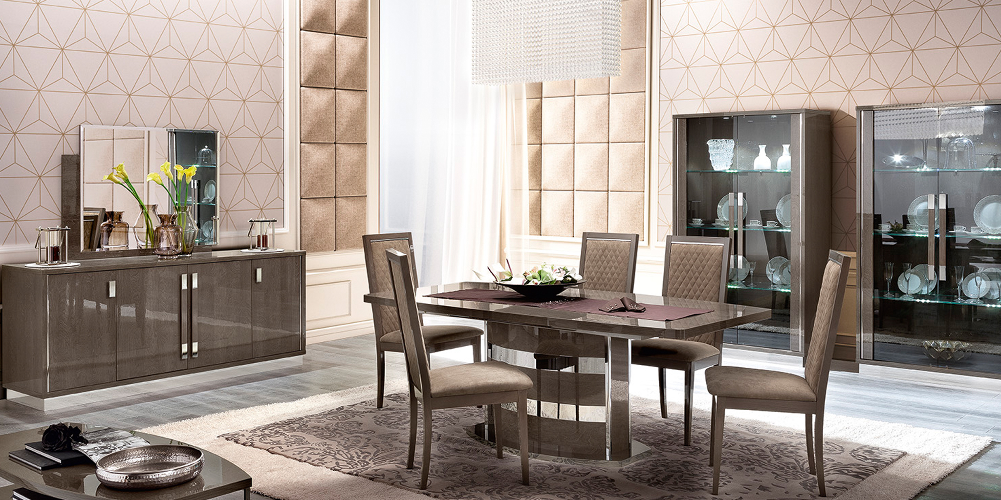 Platinum Italian living and dining room by New Trend Concepts - open-plan seating and dining zones with shared finishes