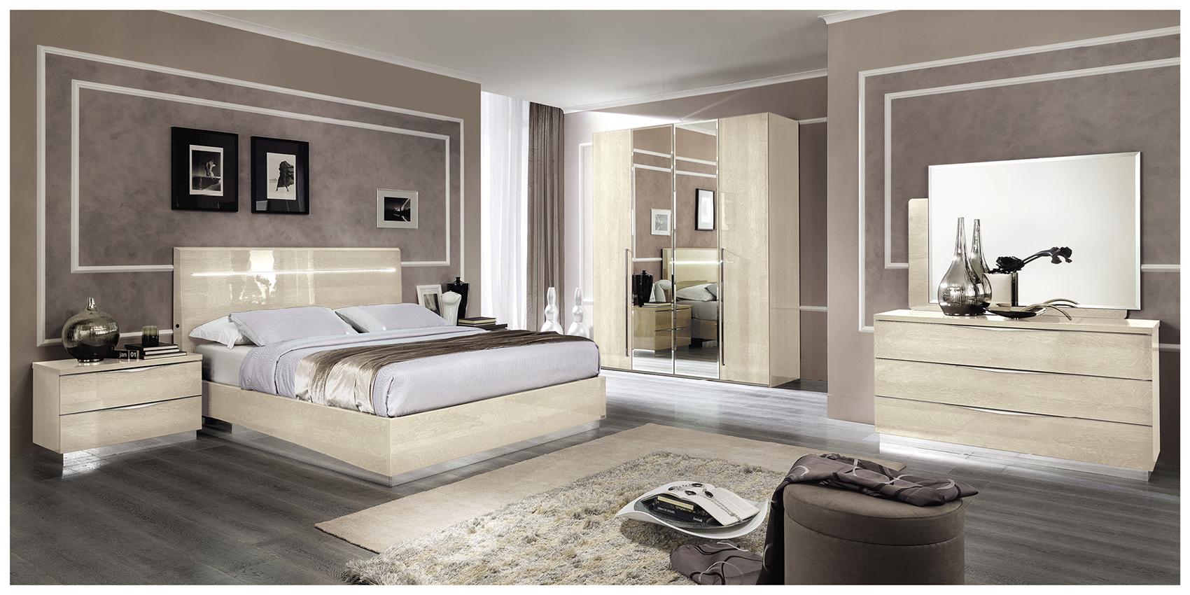Platinum Night bedroom in Sabbia finish — a complete Italian bedroom set with upholstered bed, wardrobe and bedside pieces in a calm, coordinated scheme