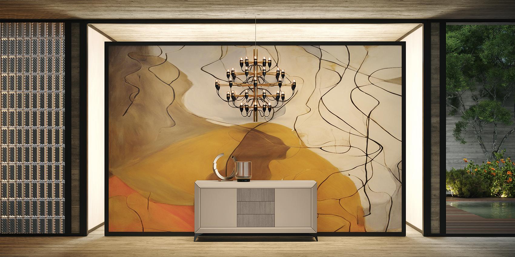 Platinum walnut sideboard by New Trend Concepts - display storage with scrollwork and a glass panel for a dining room