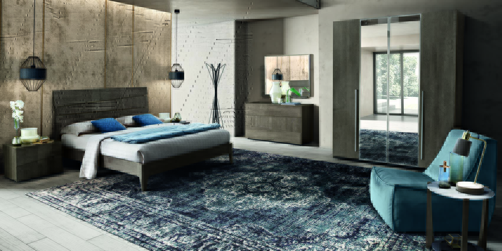 Tekno Italian Bedroom Bed Wardrobe Mirror Dresser Complete Set Wide