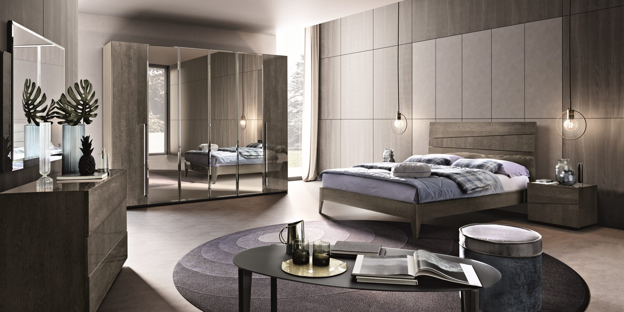 Tekno Italian bedroom — mirrored wardrobe and dressing area balanced with the bed
