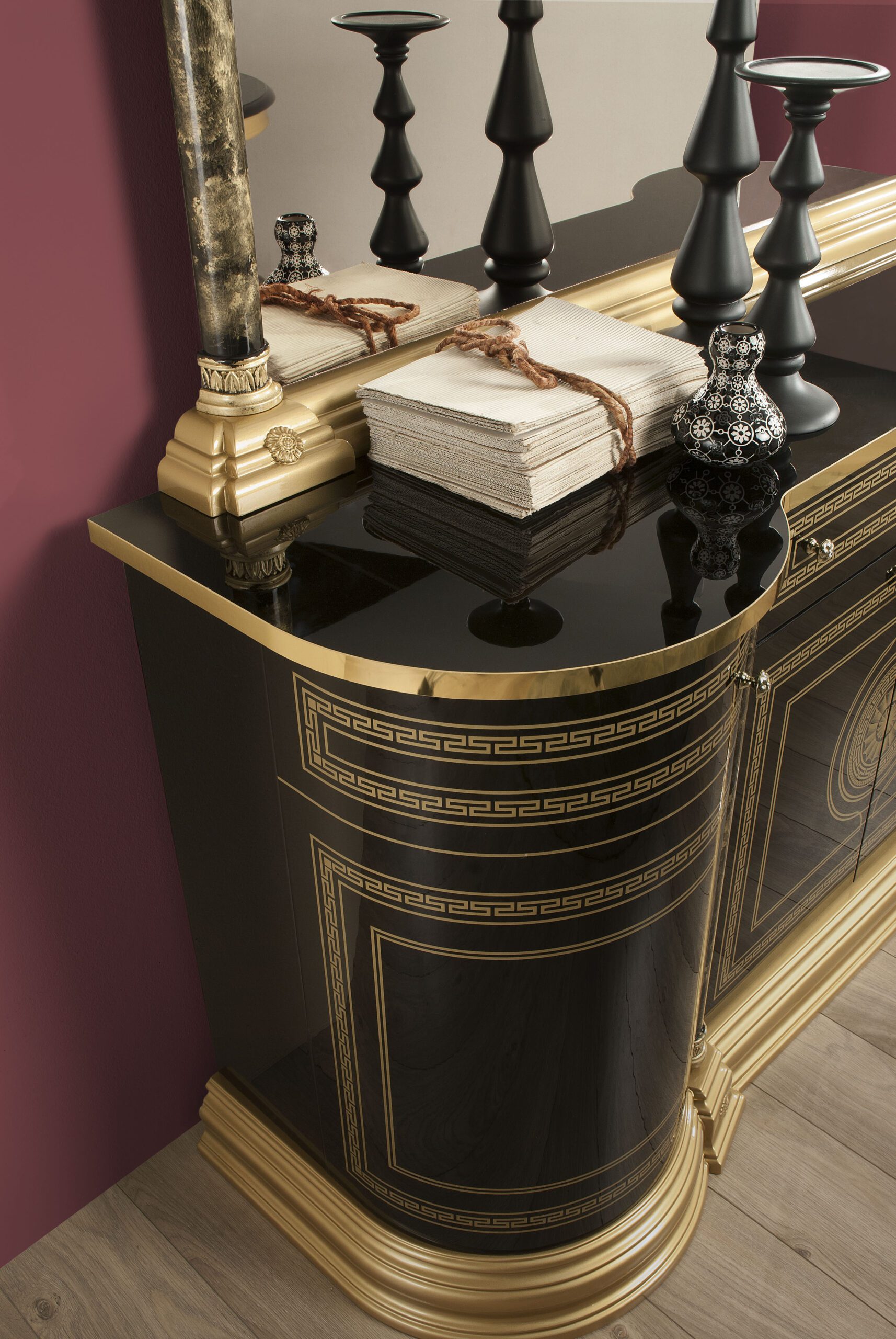 Venus black Gloss buffet gold Greek key inlay curved corner detail