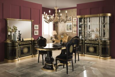 Venus black gold dining table chairs buffet mirror glass cabinet full room featured image