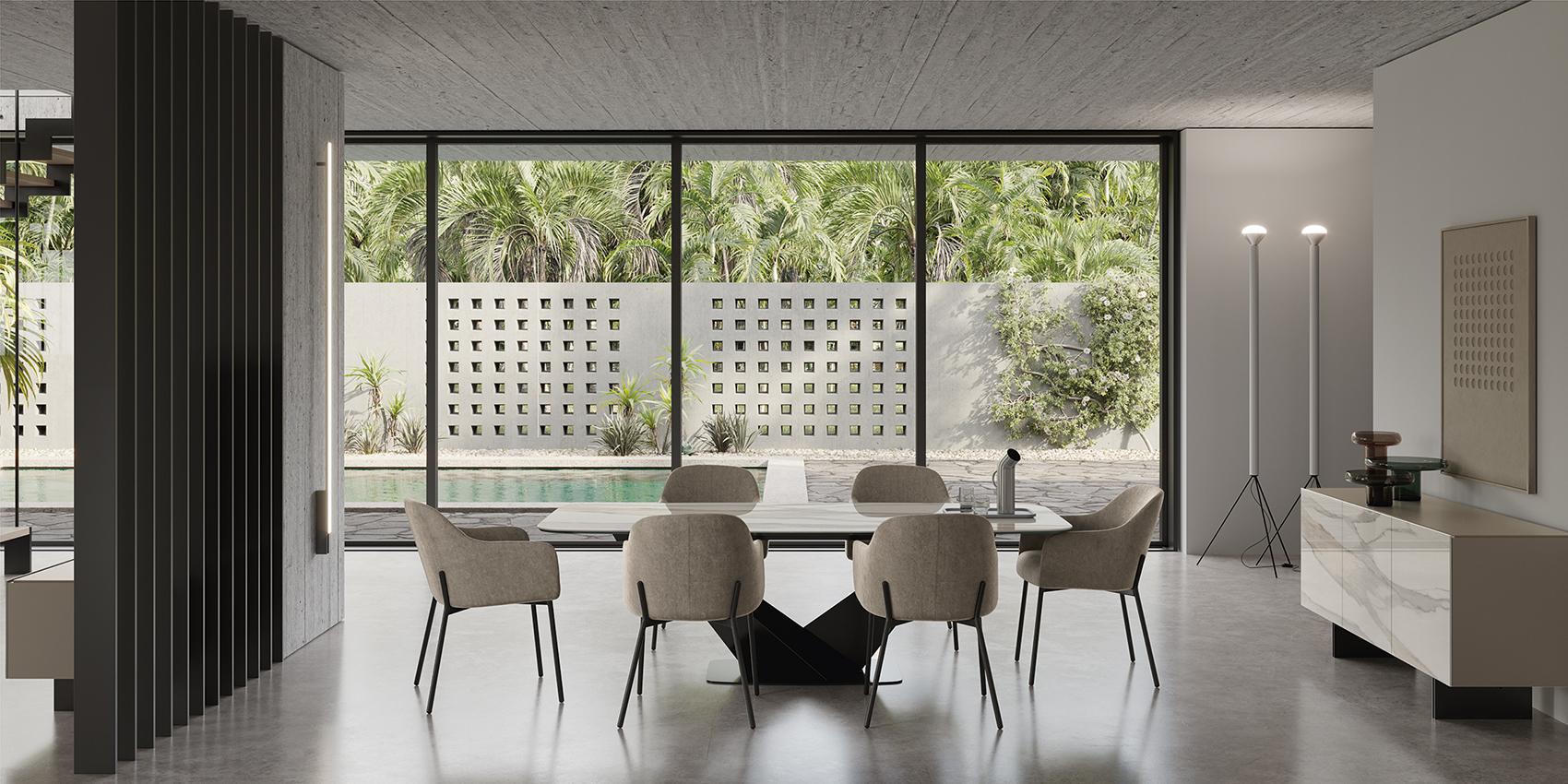 Zenith Day dining room by Status Italia — sculptural table base with Calacatta marble sideboard and upholstered chairs