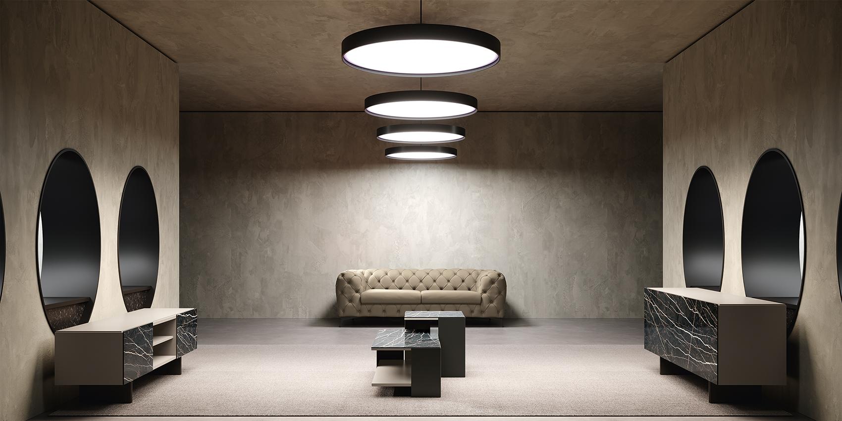 Zenith Day sofa with oval mirrors in a living room using reflected light to add depth