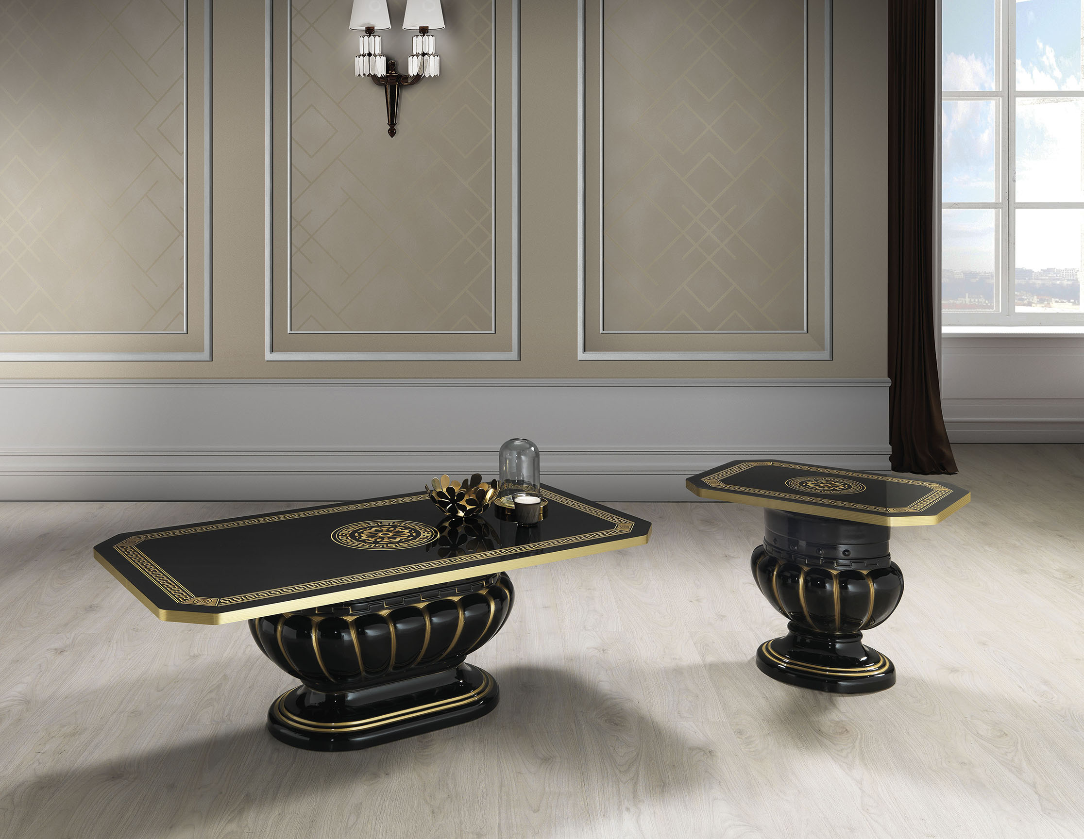 Aurora II Black Coffee Table Octagonal Side Table Sculpted Pedestal Greek Key Gold Border