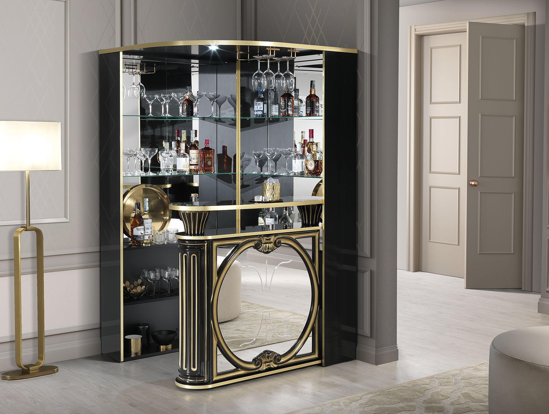 Aurora II Corner Bar Unit Carved Oval Mirrored Panel Glass Shelves Hanging Wine Glasses Gold Trim