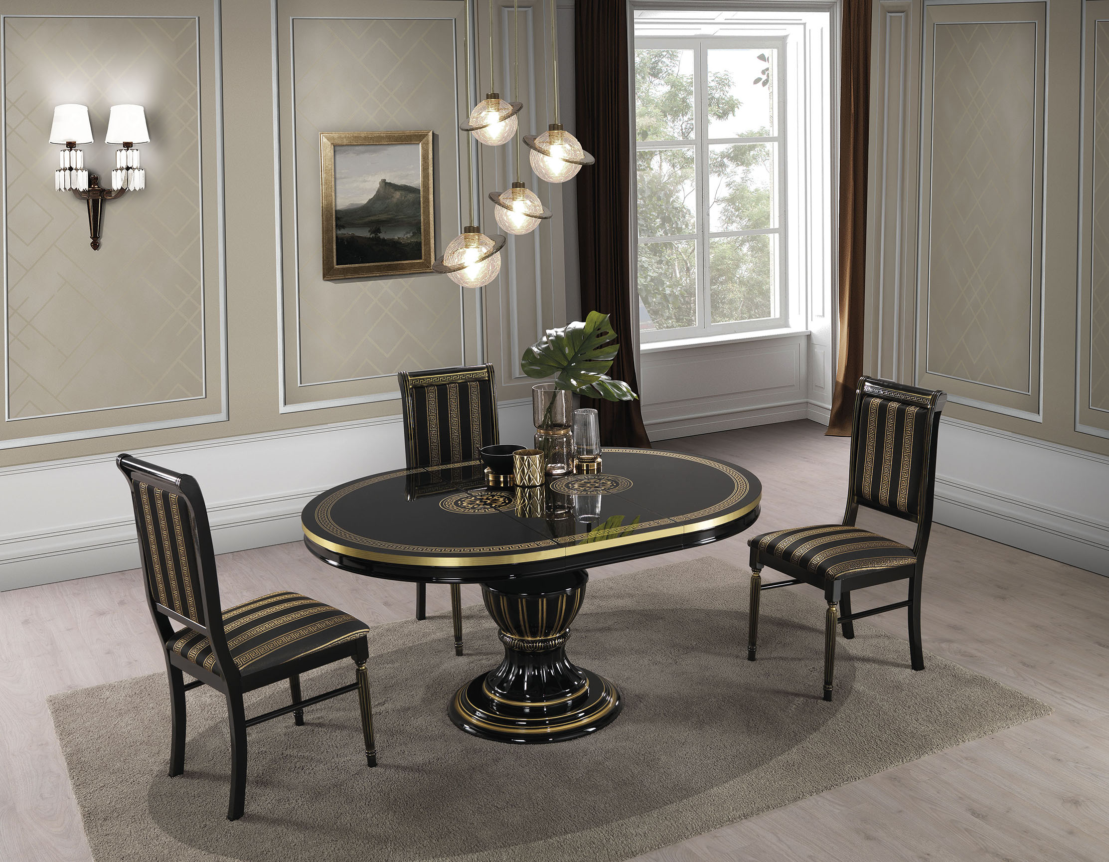 Aurora II Oval Pedestal Dining Table Greek Key Border Black Gold Striped Chairs