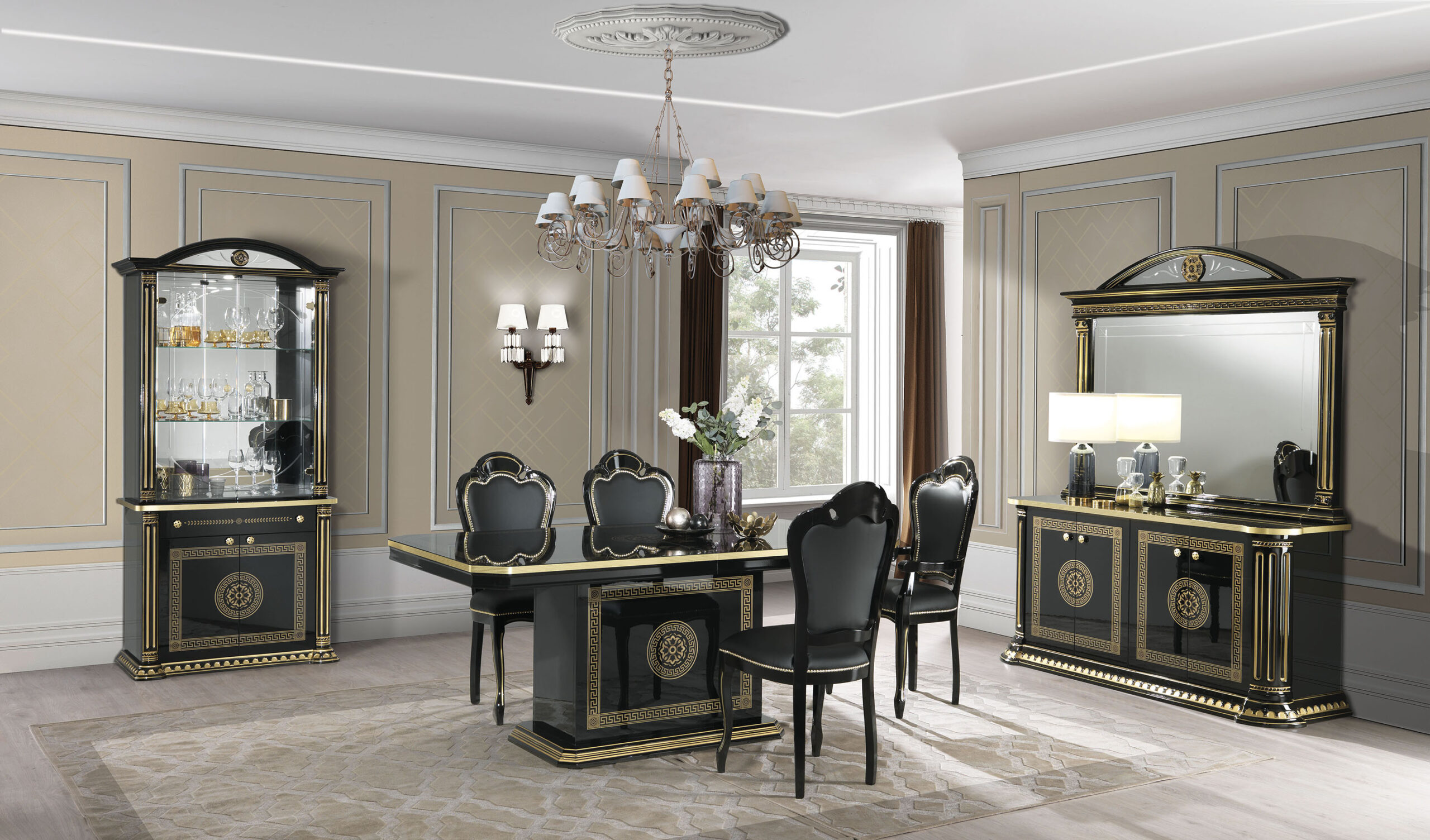 Aurora II dining room — framed mirror above a coordinated dining sideboard