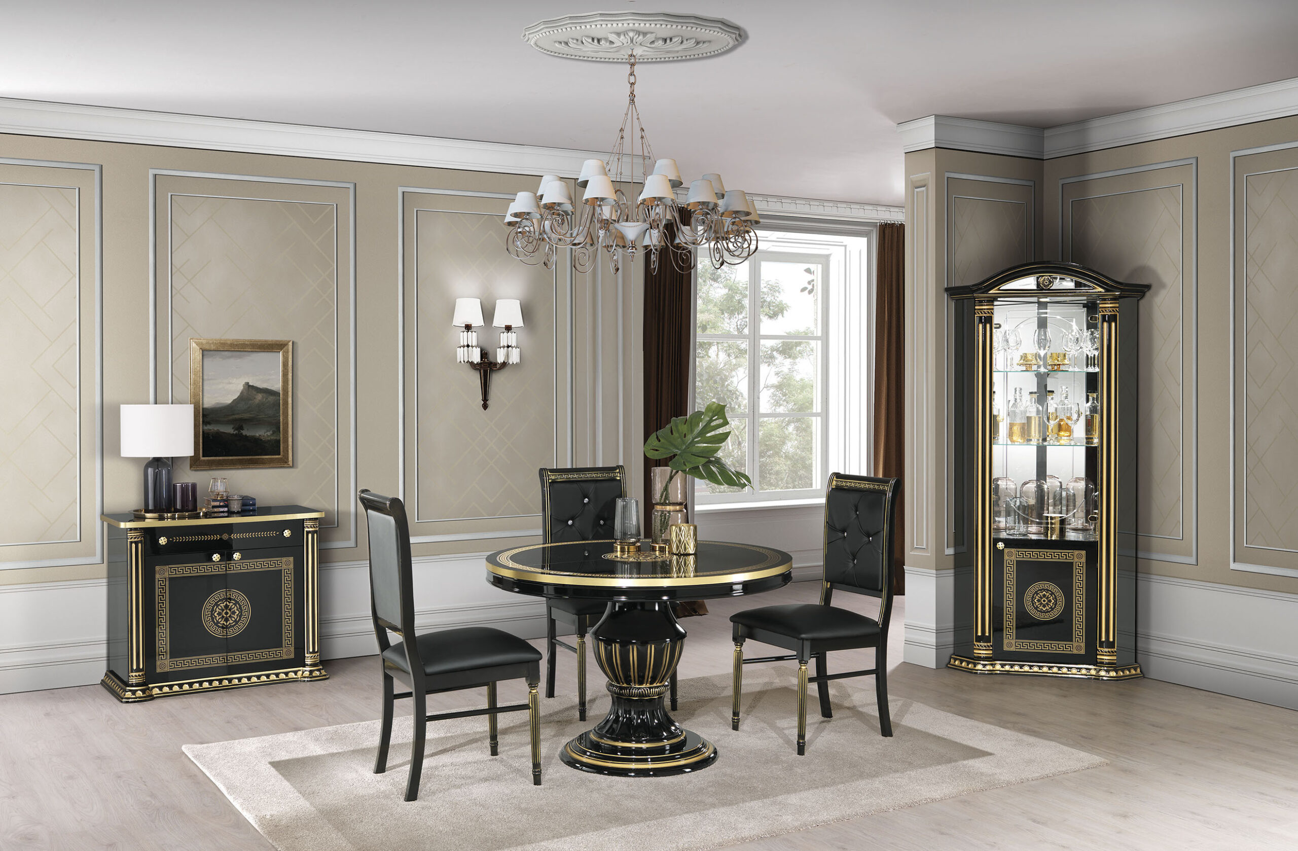 Aurora II Round Pedestal Dining Table Button Tufted Leather Chairs Sideboard Corner Vitrine
