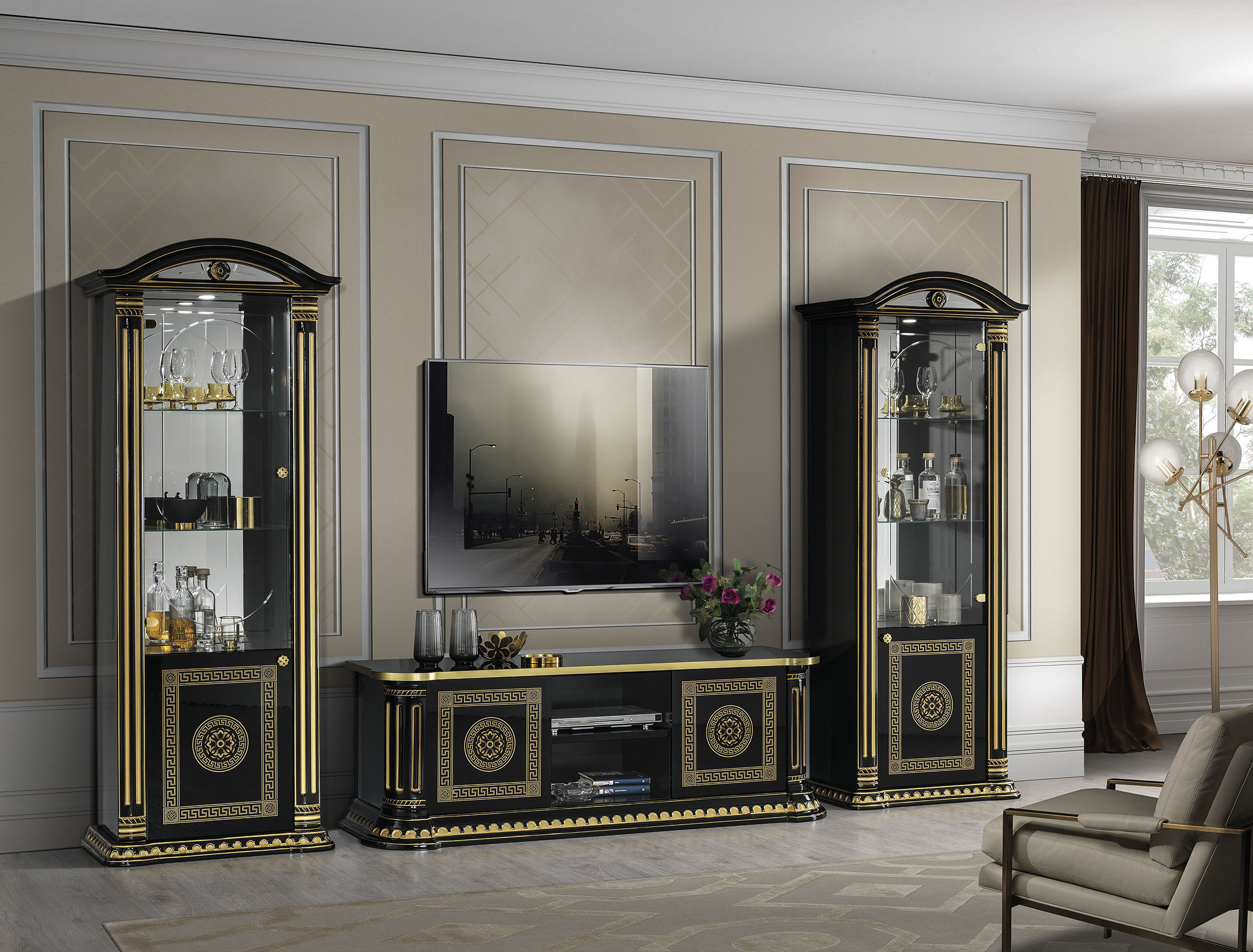 Aurora II Twin Illuminated Display Cabinets Tv Media Unit Greek Key Panels Gold Trim