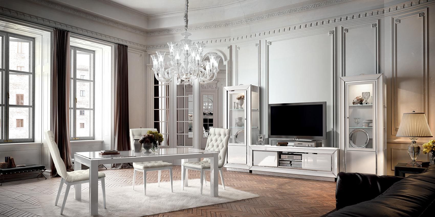 Dama Bianca wall unit by Modum - white gloss display cabinet adding storage and rhythm to a living room