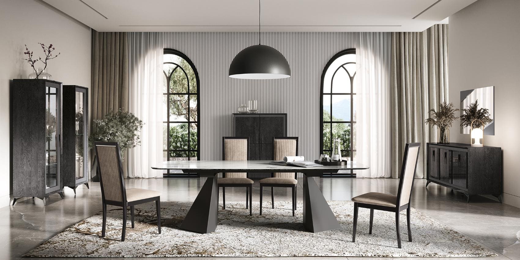 Krystal dining table by Modum - marble top with dark oak and a display cabinet beneath arched windows