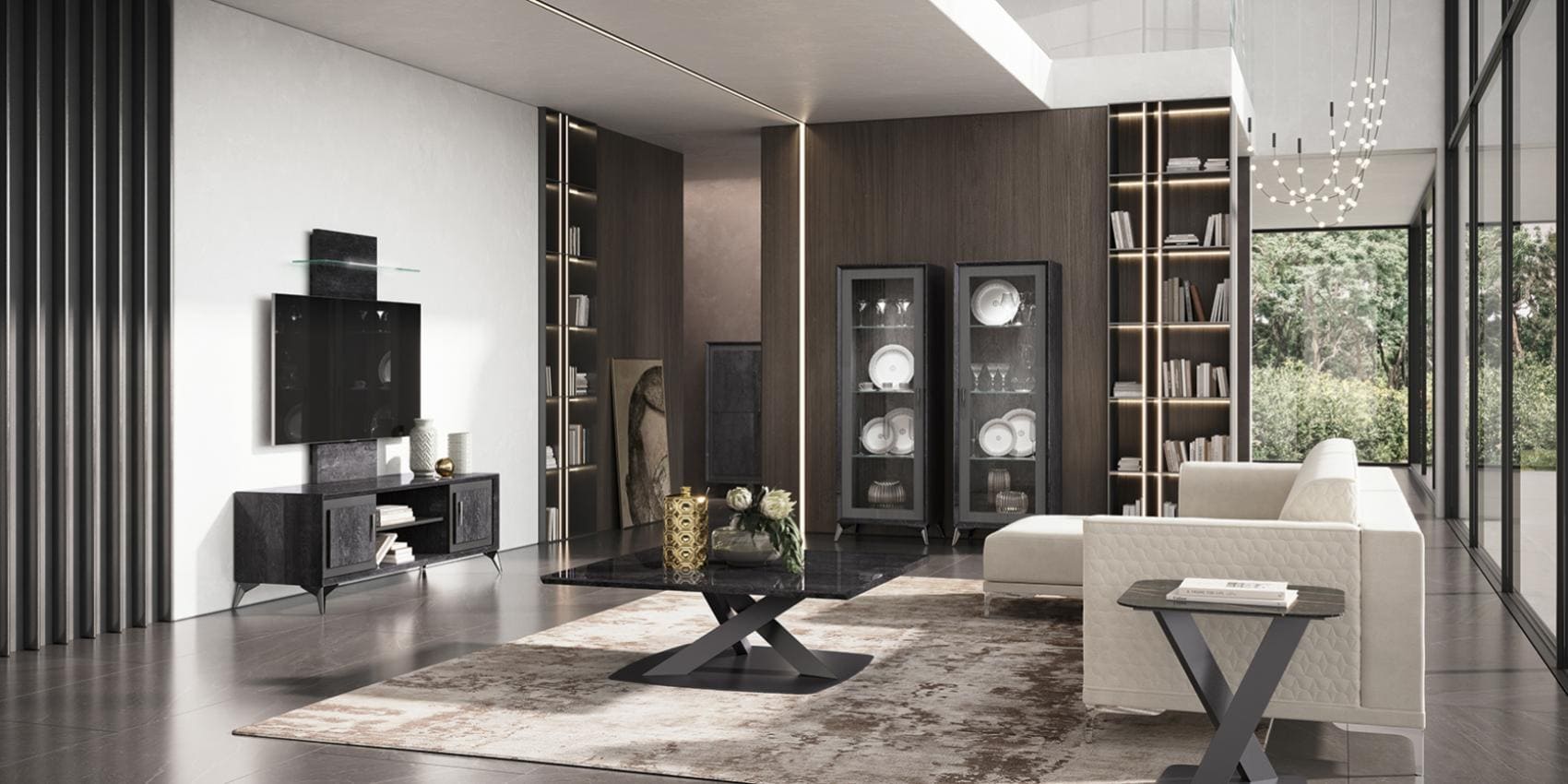 Krystal Italian living room by Modum - sofa, coffee table and display cabinet in one coherent living zone