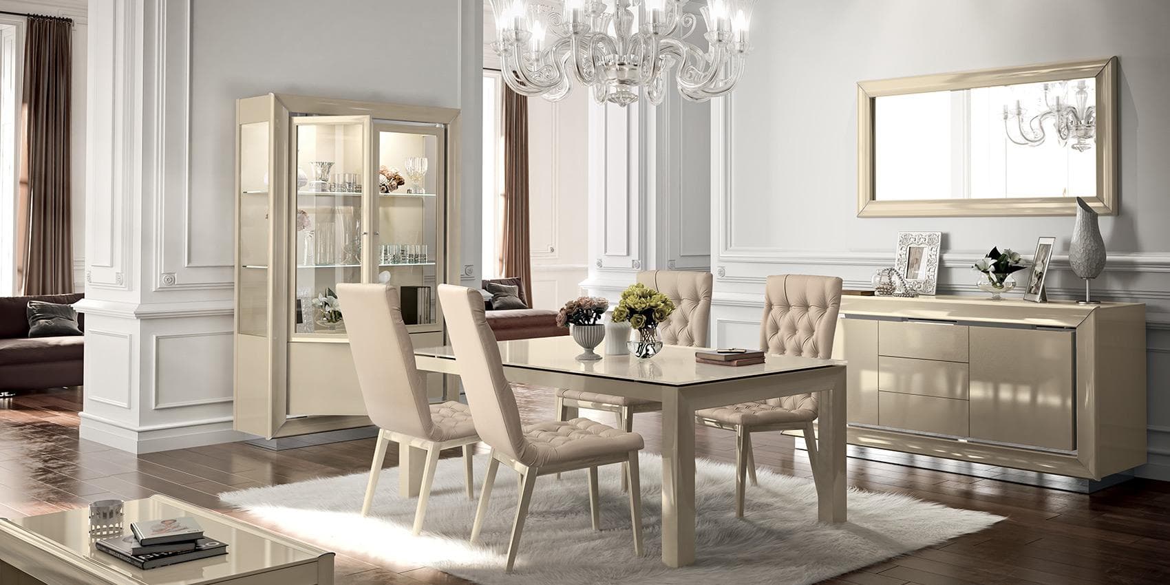 La Star Dama Bianca dining set by Modum - champagne dining table with tufted chairs and a display cabinet