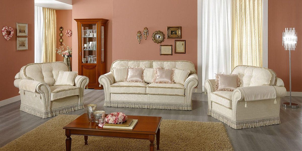 Decor Italian sofa set in ivory damask with two matching armchairs and a wood cabinet by Camelgroup.