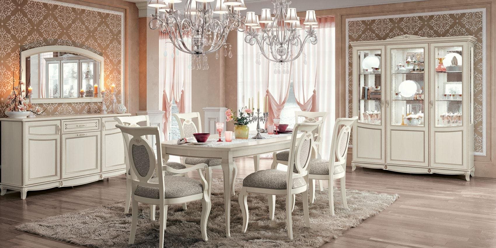 Classical Italian dining set in cream and walnut featuring carved table, upholstered chairs, a glass cabinet by Camelgroup.