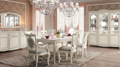 Elegant Italian dining collection in Bianco Antico with Noce walnut wood accents by Camelgroup.
