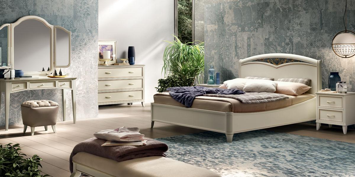 Ivory lacquer Giotto dresser and nightstand with gold accent trim.