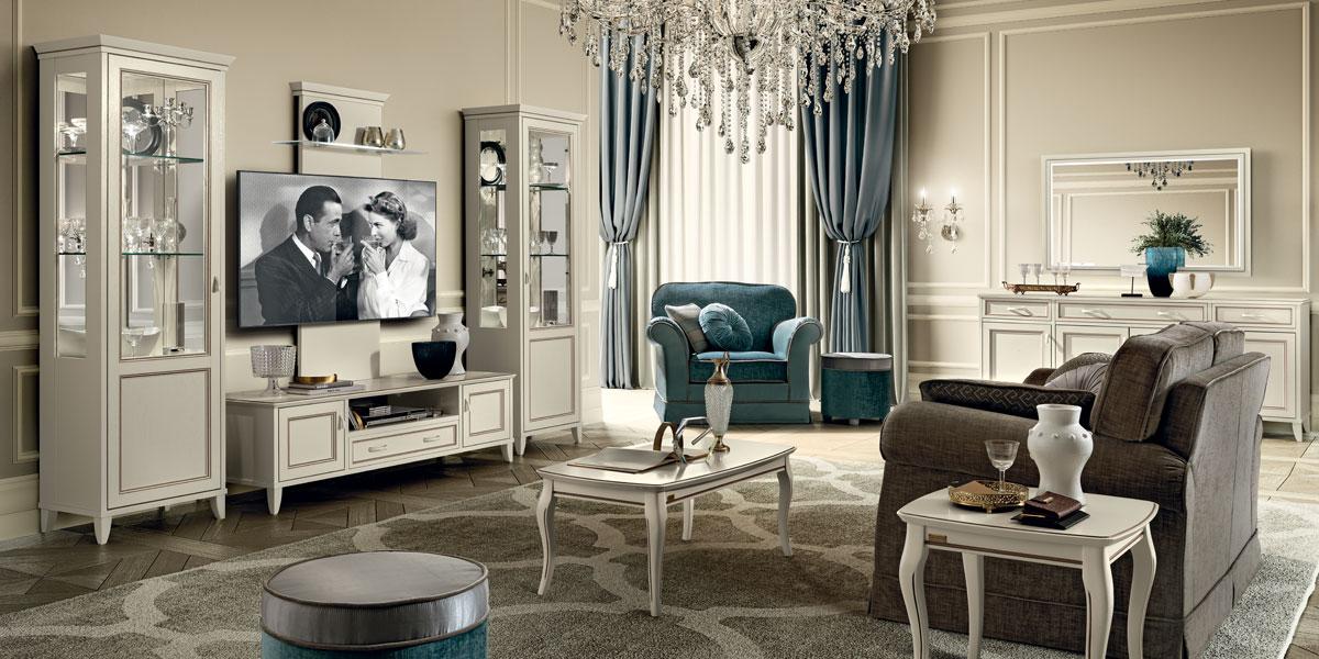Ivory lacquer Giotto living room with an entertainment unit, display cabinet and a sideboard.