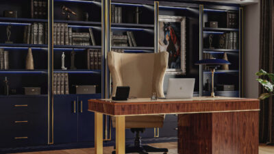 The Golden Hour desk in walnut and brass, the featured image for this Studio Privé home office collection.