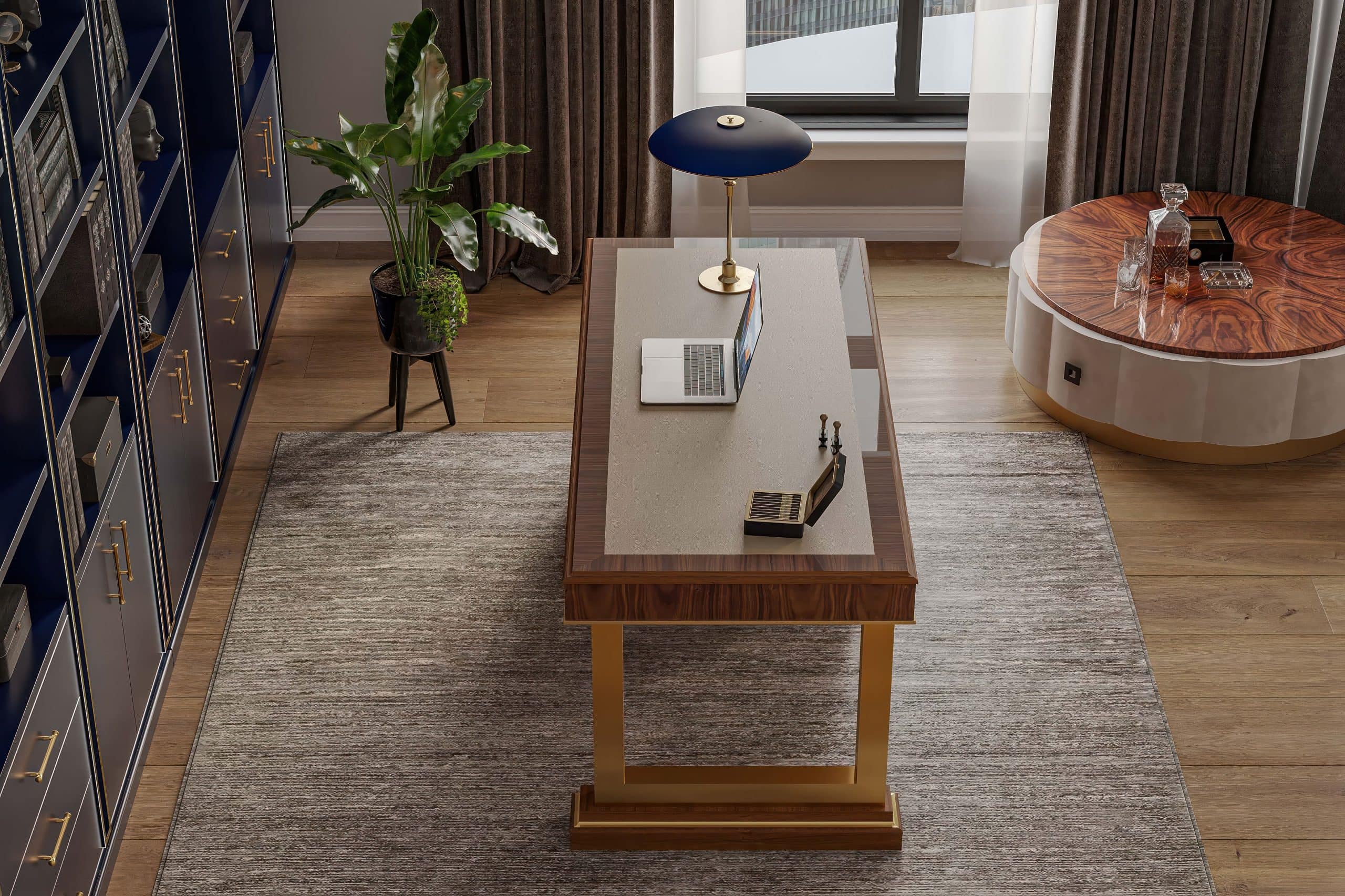 Overhead angle showing The Golden Hour desk within a relaxed, lounge-style home office.