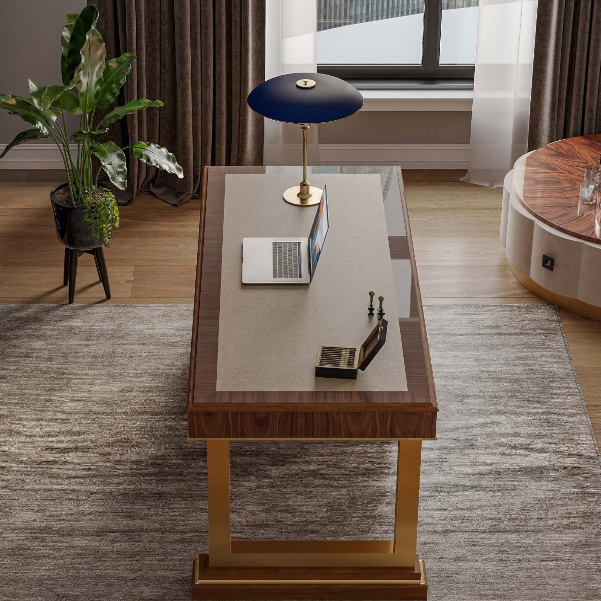 Overhead detail of the walnut desktop and tapered legs on The Golden Hour desk.