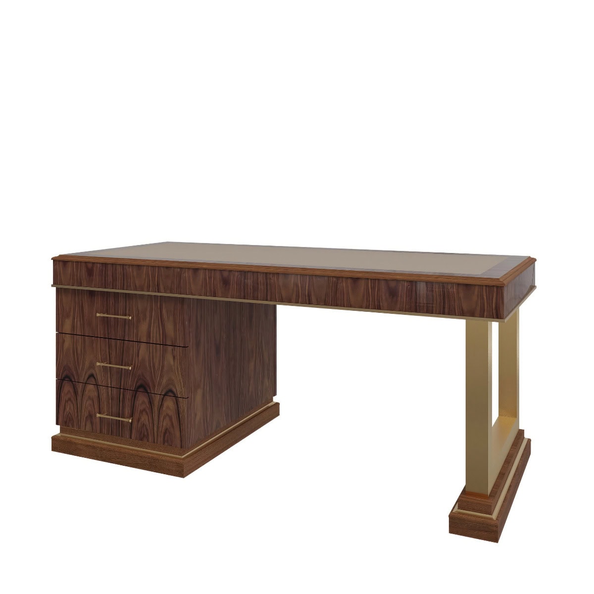 The Golden Hour desk shown alone in walnut and brass, a product-only view.