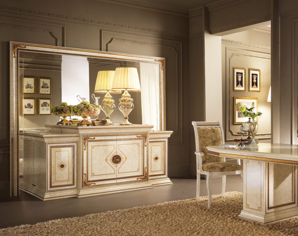 Leonardo Italian dining room sideboard and dining table, crafted by Arredoclassic.