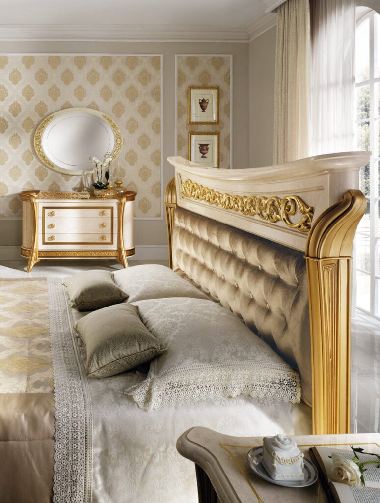 Melodia Italian bedroom bed and dresser, crafted by Arredoclassic.