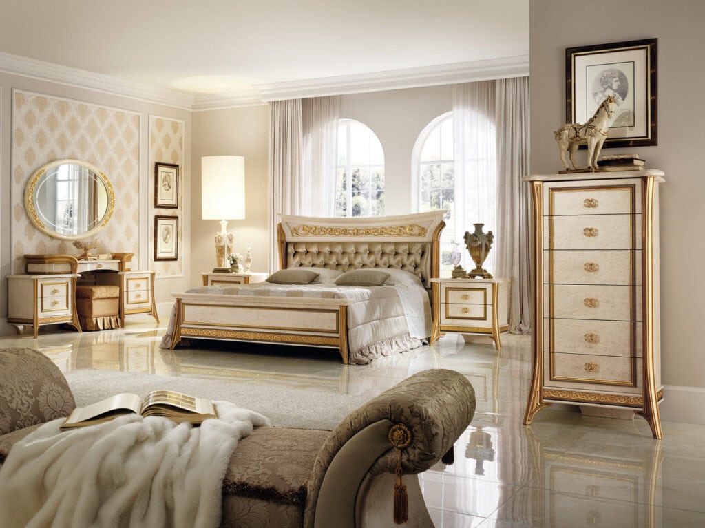 Melodia Italian bedroom bed and chest of drawers, crafted by Arredoclassic.