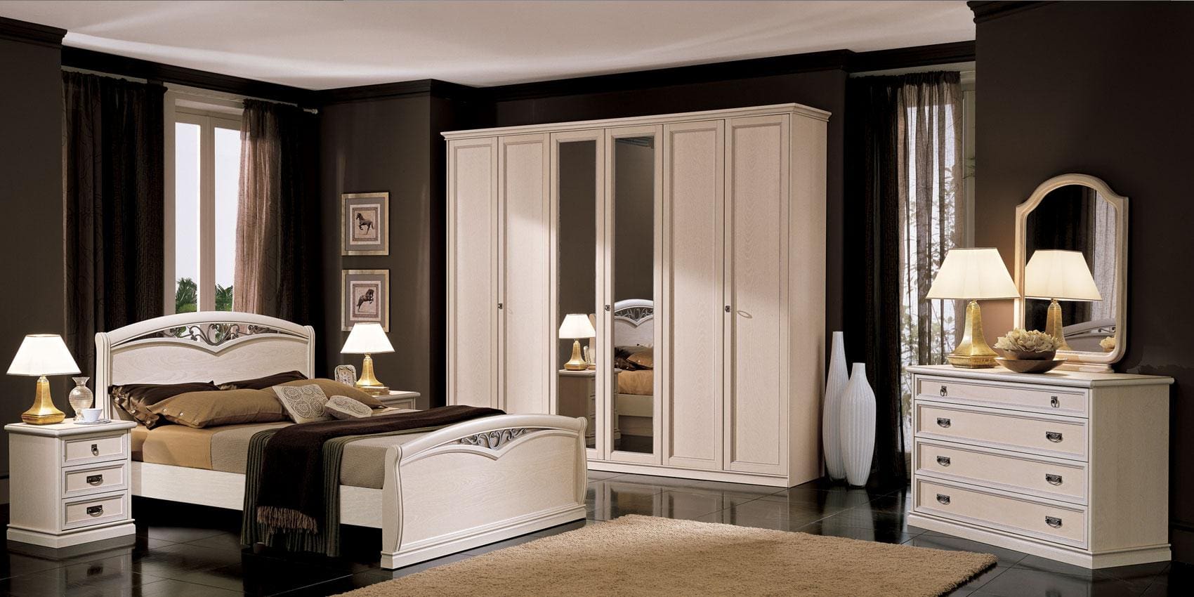 Bedroom set in ivory Bianco Antico lacquer, the same Nostalgia design also available to order in walnut.