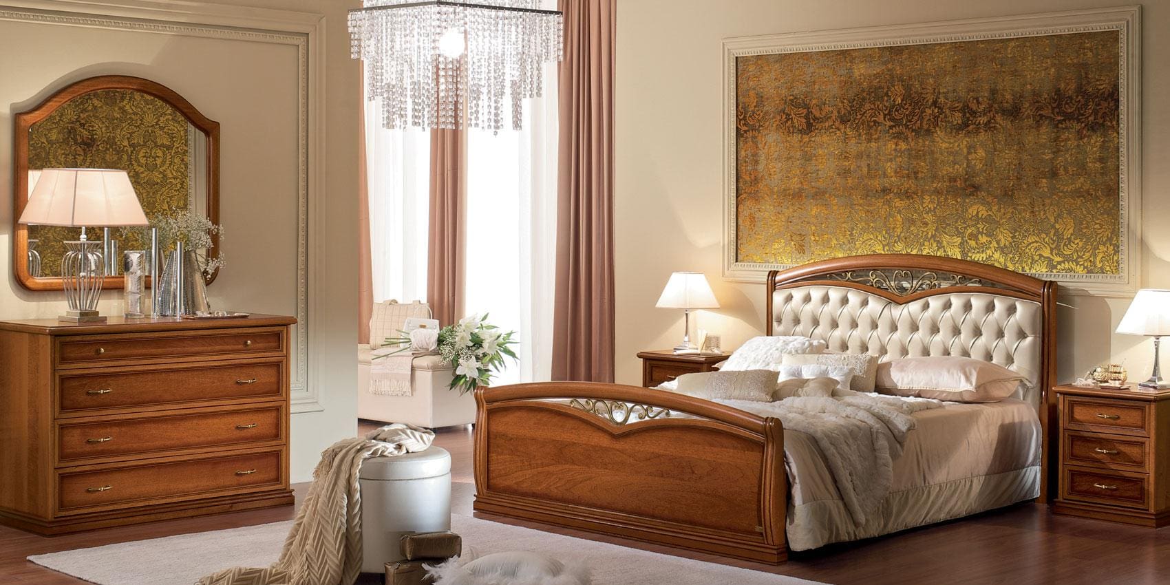 Walnut bedroom suite with an upholstered headboard bed, dresser, arched mirror and nightstands.